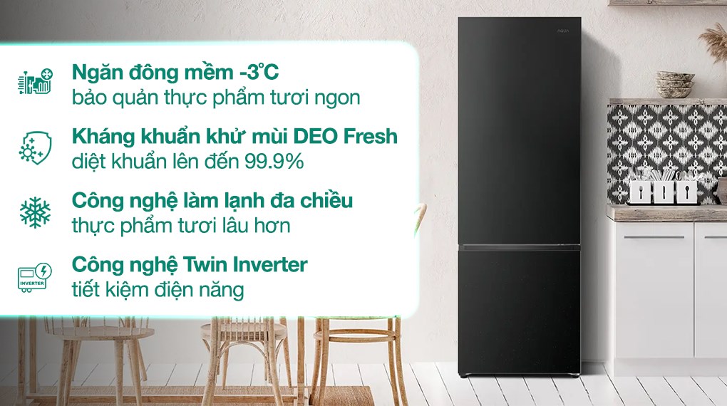 Tủ lạnh Aqua Inverter 260 lít AQR-B310MA(FB) ngăn đá dưới công nghệ Twin Inverter diệt khuẩn 99.9%