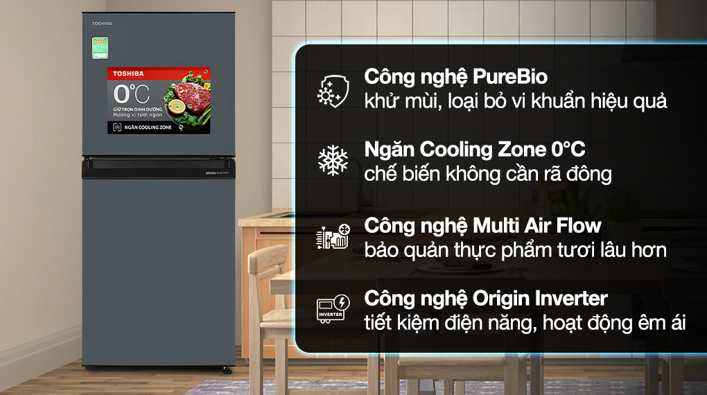 Tủ lạnh Toshiba 180 lít ngăn đá trên màu xám Sapphire công nghệ PureBio và ngăn Cooling Zone 0 độ C