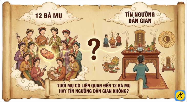 Tuổi mụ gắn với quan niệm vào bụng mẹ đã tính 1 tuổi và các lễ cúng mụ, trong đó có 12 Bà Mụ và Bà Chúa Thai Sanh Tuổi mụ gắn với quan niệm vào bụng mẹ đã tính 1 tuổi và các lễ cúng mụ, trong đó có 12 Bà Mụ và Bà Chúa Thai Sanh
