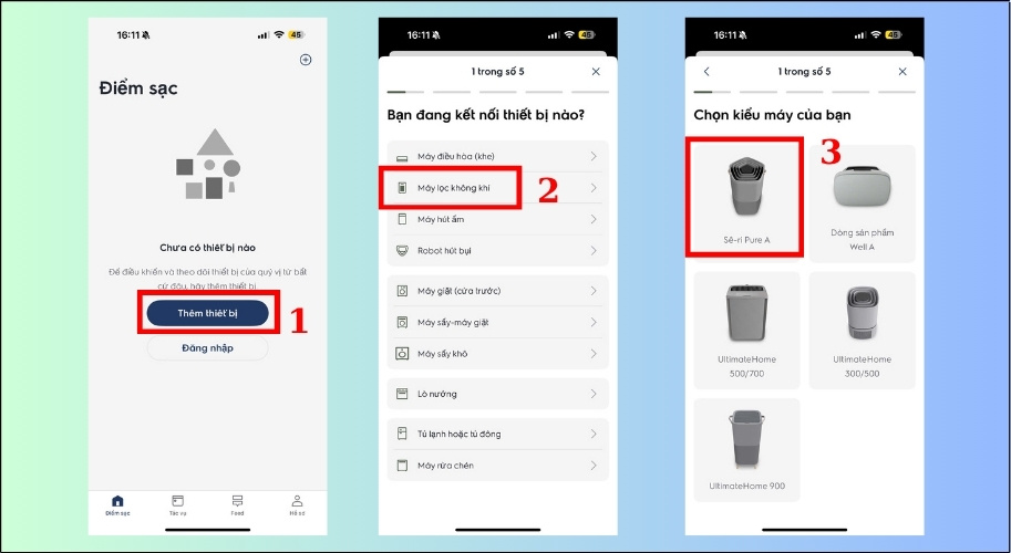 Trên giao diện chính của ứng dụng, chọn biểu tượng dấu cộng (+) hoặc mục Thêm thiết bị