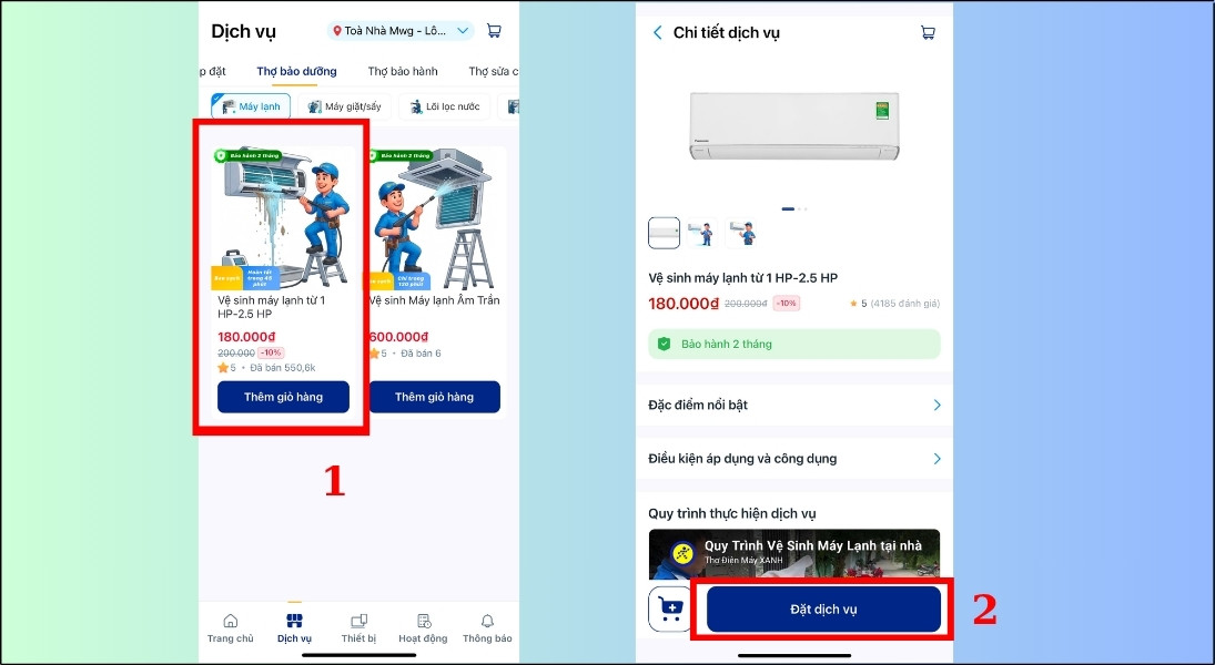 Lựa chọn dịch vụ phù hợp và bấm Đặt dịch vụ