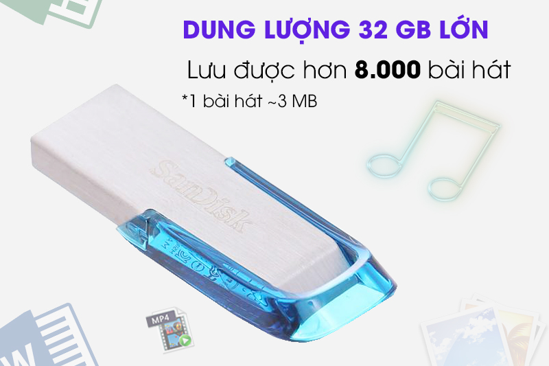 Lưu trữ thoải mái với USB 32GB có thể chứa tới 20.000 ảnh, 3.000 bài hát, đáp ứng nhu cầu dữ liệu lớn