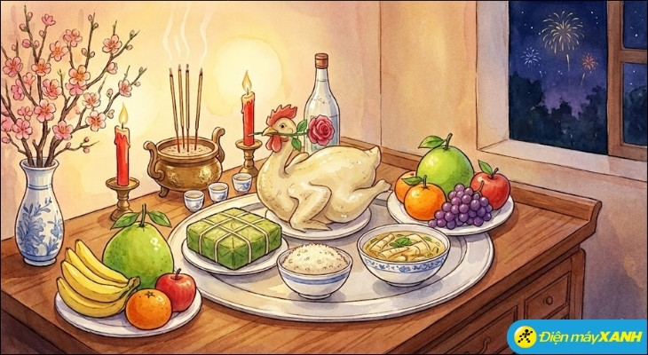 Mâm cúng giao thừa trong nhà theo phong tục Việt Nam thường phong phú, thể hiện lòng thành kính