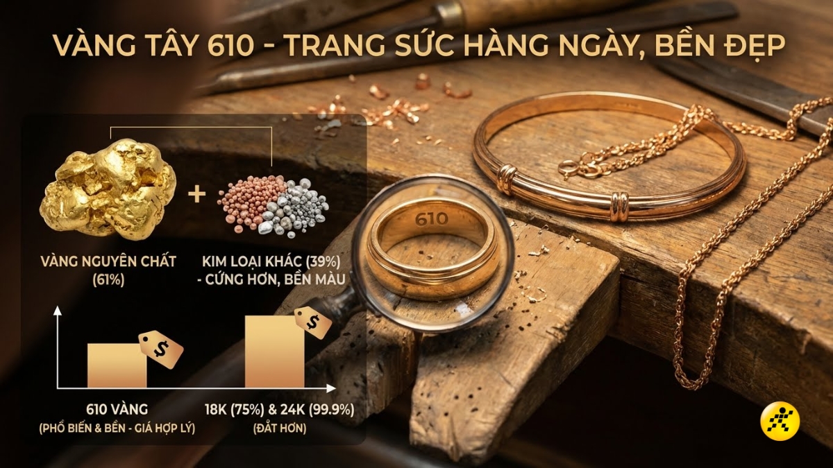 V&agrave;ng 610 l&agrave; hợp kim v&agrave;ng c&oacute; 61% l&agrave; v&agrave;ng nguy&ecirc;n chất, 39% l&agrave; c&aacute;c kim loại kh&aacute;c