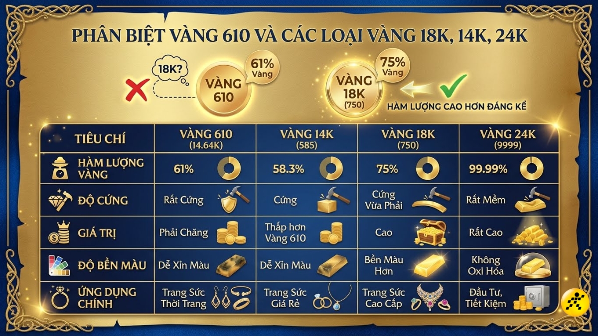 Ph&acirc;n biệt v&agrave;ng 610 với v&agrave;ng 18K, 14K, 24K