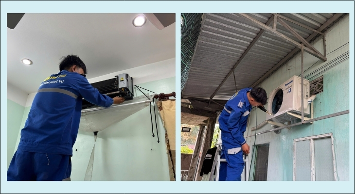 Kỹ thuật viên tiến hành vệ sinh dàn lạnh và dàn nóng của máy Kỹ thuật viên tiến hành vệ sinh dàn lạnh và dàn nóng của máy