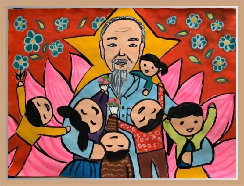 Mẫu tranh vẽ Bác Hồ với thiếu nhi đơn giản