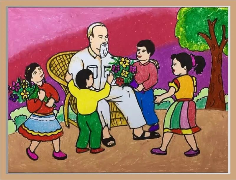 Mẫu tranh vẽ Bác Hồ với thiếu nhi đơn giản