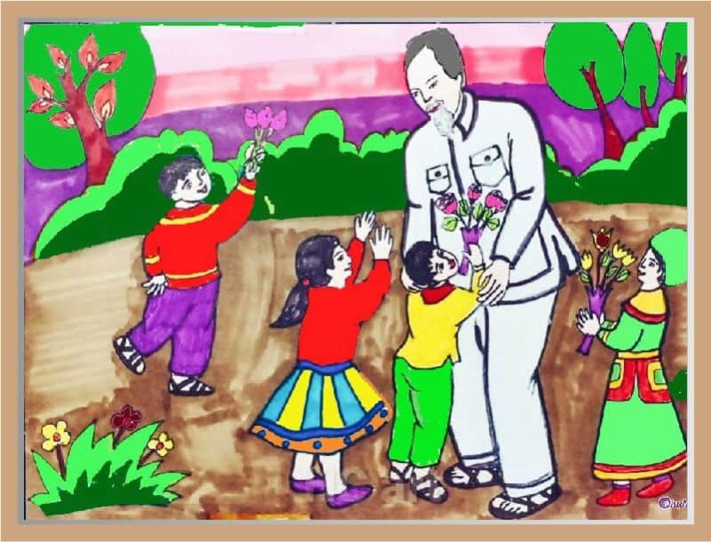 Mẫu tranh vẽ Bác Hồ với thiếu nhi đơn giản