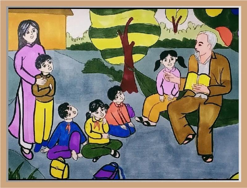 Mẫu tranh vẽ Bác Hồ với thiếu nhi đơn giản