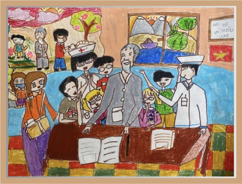 Mẫu tranh vẽ Bác Hồ với thiếu nhi đơn giản