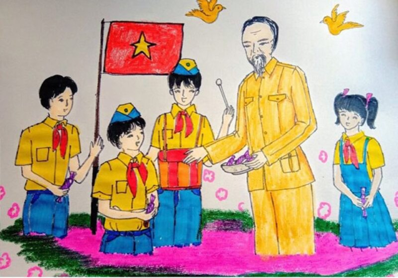 Mẫu tranh vẽ Bác Hồ với thiếu nhi đơn giản