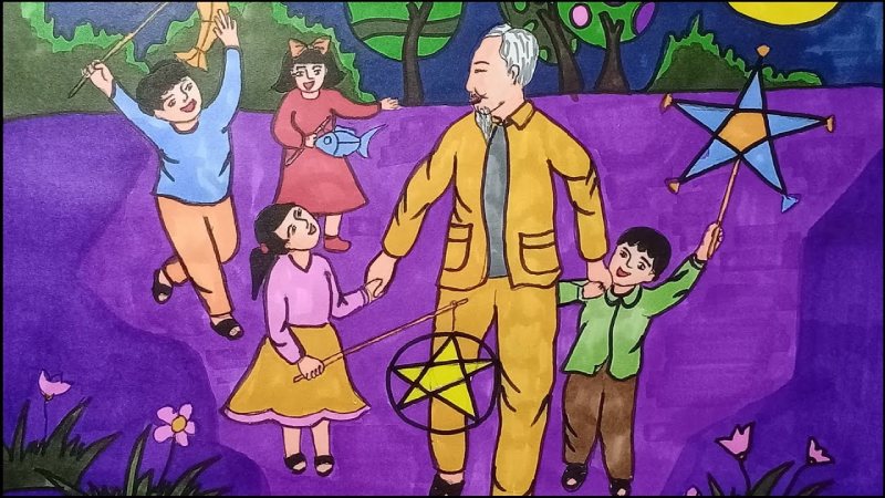 Mẫu tranh vẽ Bác Hồ với thiếu nhi đơn giản