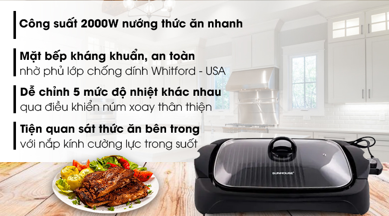 Sunhouse SHD4602 công suất lớn, mặt bếp 2 vùng kèm khay nước giảm khói