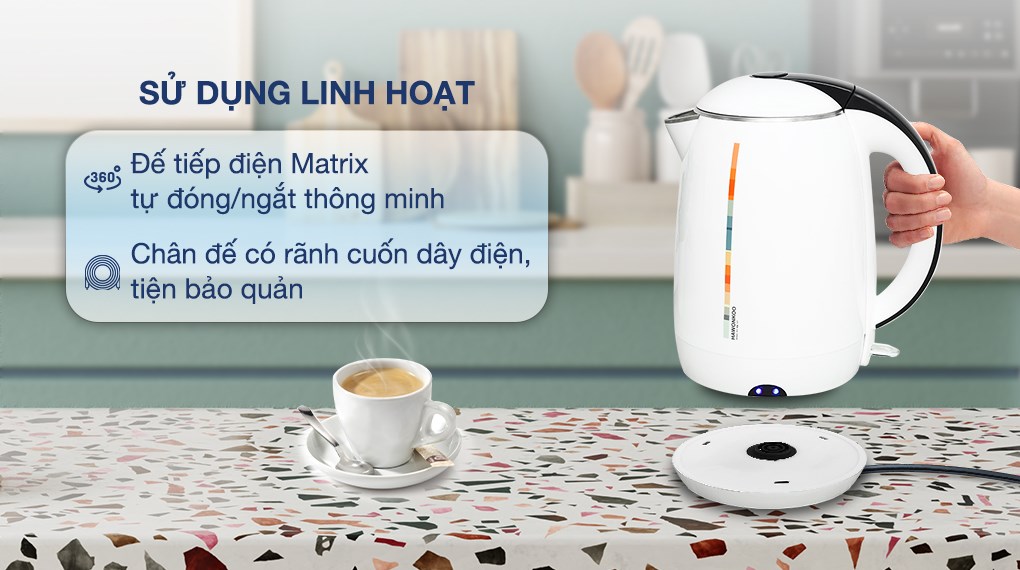 Bình đun siêu tốc Hawonkoo có thiết kế đế tiếp điện Matrix cao cấp và có khả năng xoay 360 độ
