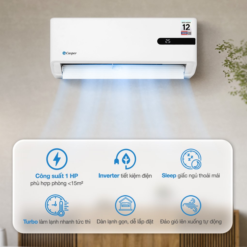 Điều hòa Casper Inverter 1 HP GC-09IB36 thiết kế EasyCare dàn tản nhiệt mạ vàng chống ăn mòn Golden Fin