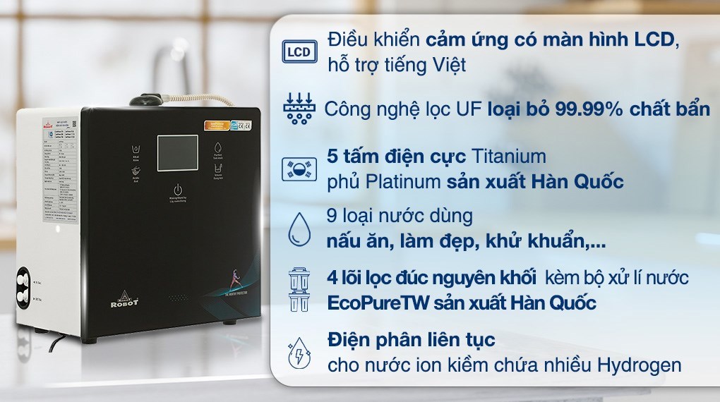 Máy lọc nước điện giải ion kiềm ROBOT IonPrince 59X 5 tấm điện cực có khả năng tạo ra nguồn nước tinh khiết giàu Hydrogen, rất có lợi cho sức khỏe