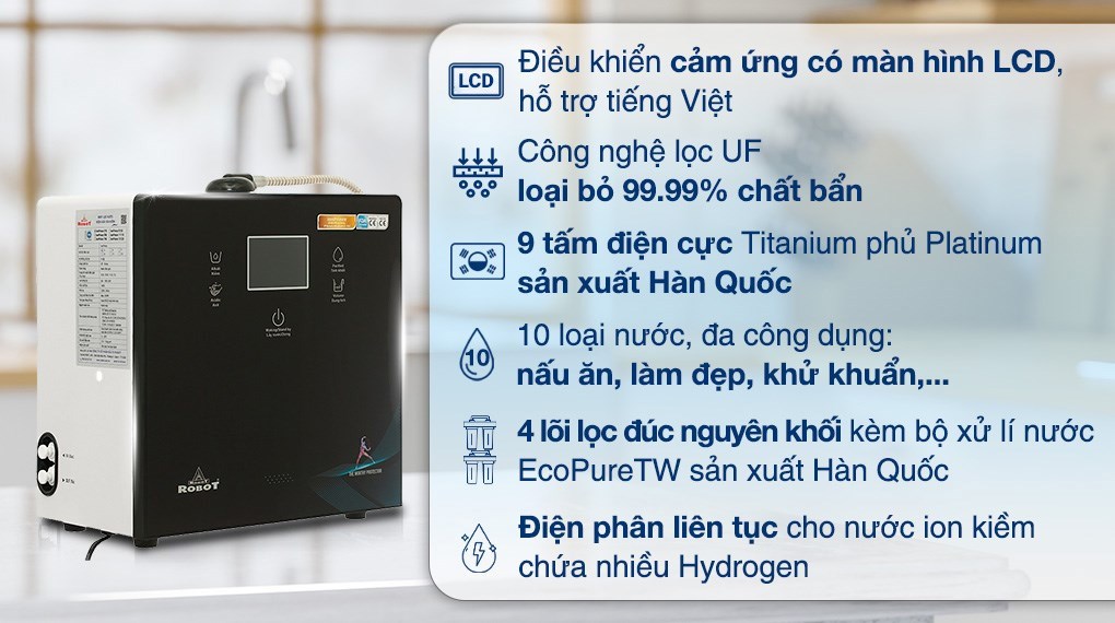 Máy lọc nước điện giải ion kiềm ROBOT IonPrince 910X 9 tấm điện cực kiểu dáng hiện đại và nhỏ gọn, đáp ứng đa dạng nhu cầu sử dụng