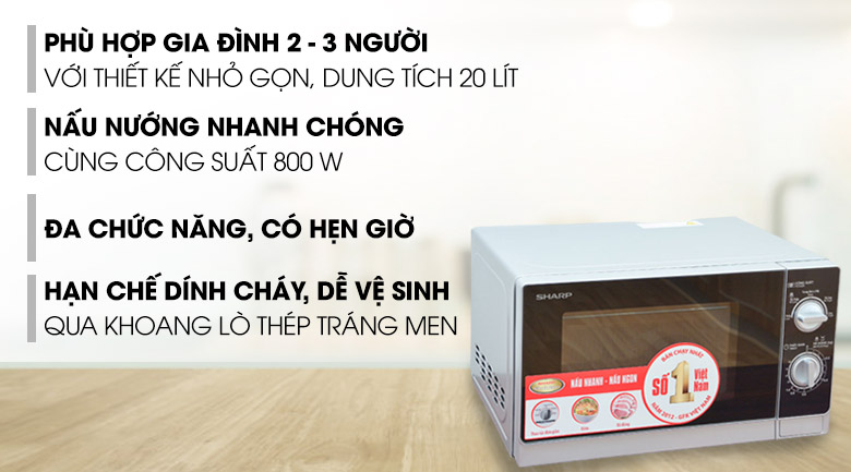 Lò vi sóng Sharp R-205VN(S) 20 lít không lớn nhưng được tráng men xám sáng bóng tạo cảm giác thoáng, rộng