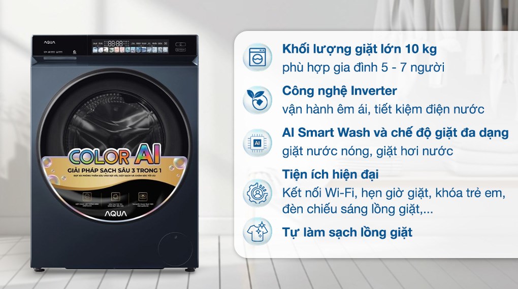 Máy giặt Aqua Inverter 10 kg AW10-B4377U1L(GN) hiện đại giúp bố mẹ tiết kiệm thời gian và công sức
