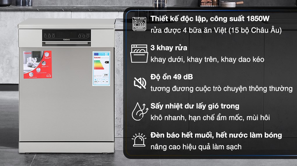 Máy rửa chén độc lập Galanz W60B1A401M-AE5(SS) với thiết kế hiện đại, sang trọng