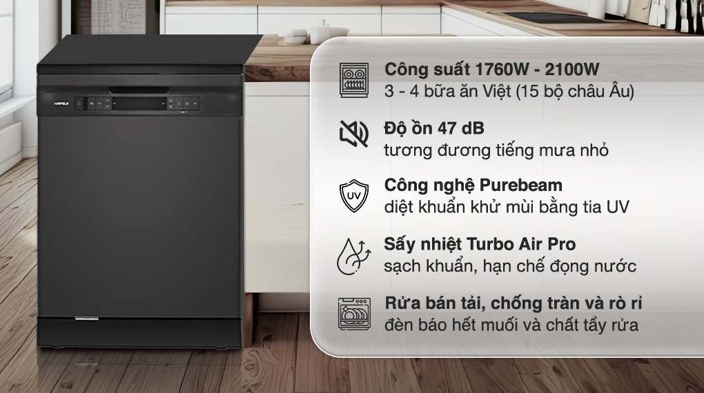 Máy rửa bát Hafele HDW-F605B dung tích 15 bộ công nghệ sấy Turbo Air Pro và diệt khuẩn UV