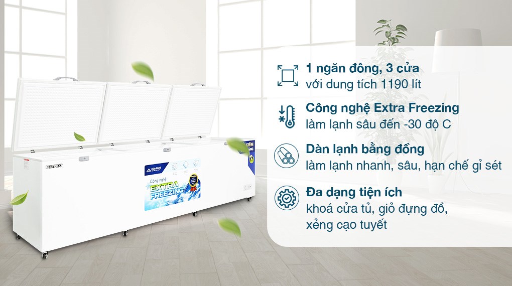 Tủ đông Hòa Phát 1190 lít HPF AD61190 dàn lạnh ống đồng nguyên chất hỗ trợ làm lạnh sâu dưới -18 độ C