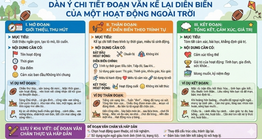 Dàn ý chi tiết đoạn văn kể lại diễn biến của một hoạt động ngoài trời