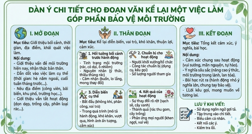 Dàn ý chi tiết đoạn văn kể lại một việc làm góp phần bảo vệ môi trường mà em đã tham gia hoặc chứng kiến