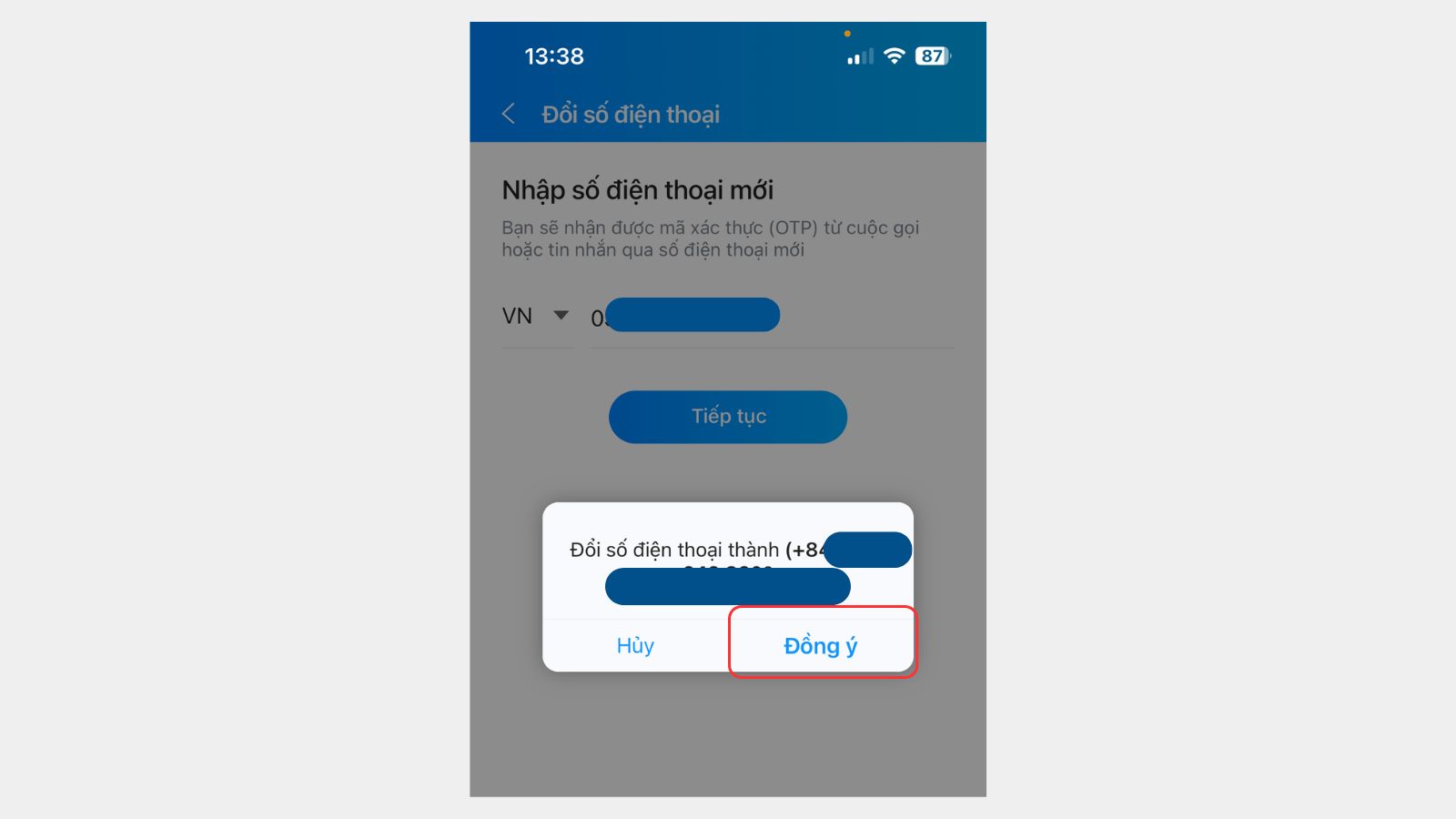 Chọn Đồng ý để đổi Số điện thoại