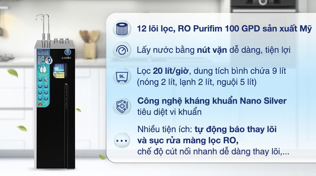 Karofi KAE-S688 lọc 12 lõi, báo thay lõi, đo độ sạch, kết nối app, nước sạch chuẩn, ngọt tự nhiên