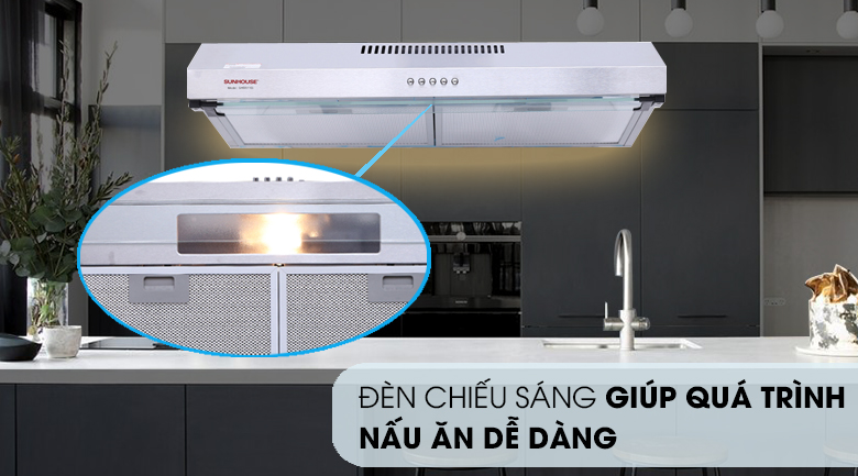 Máy hút mùi âm tủ Sunhouse SHB6118I có đèn chiếu sáng giúp người nội trợ quan sát và chế biến các món ăn tiện lợi, dễ dàng hơn