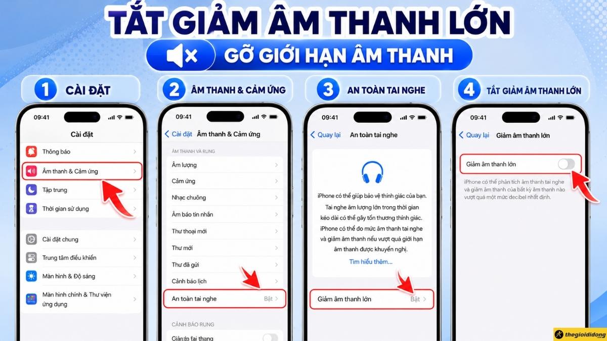 Tắt tính năng "Giảm âm thanh lớn" để gỡ giới hạn âm thanh Tắt tính năng "Giảm âm thanh lớn" để gỡ giới hạn âm thanh