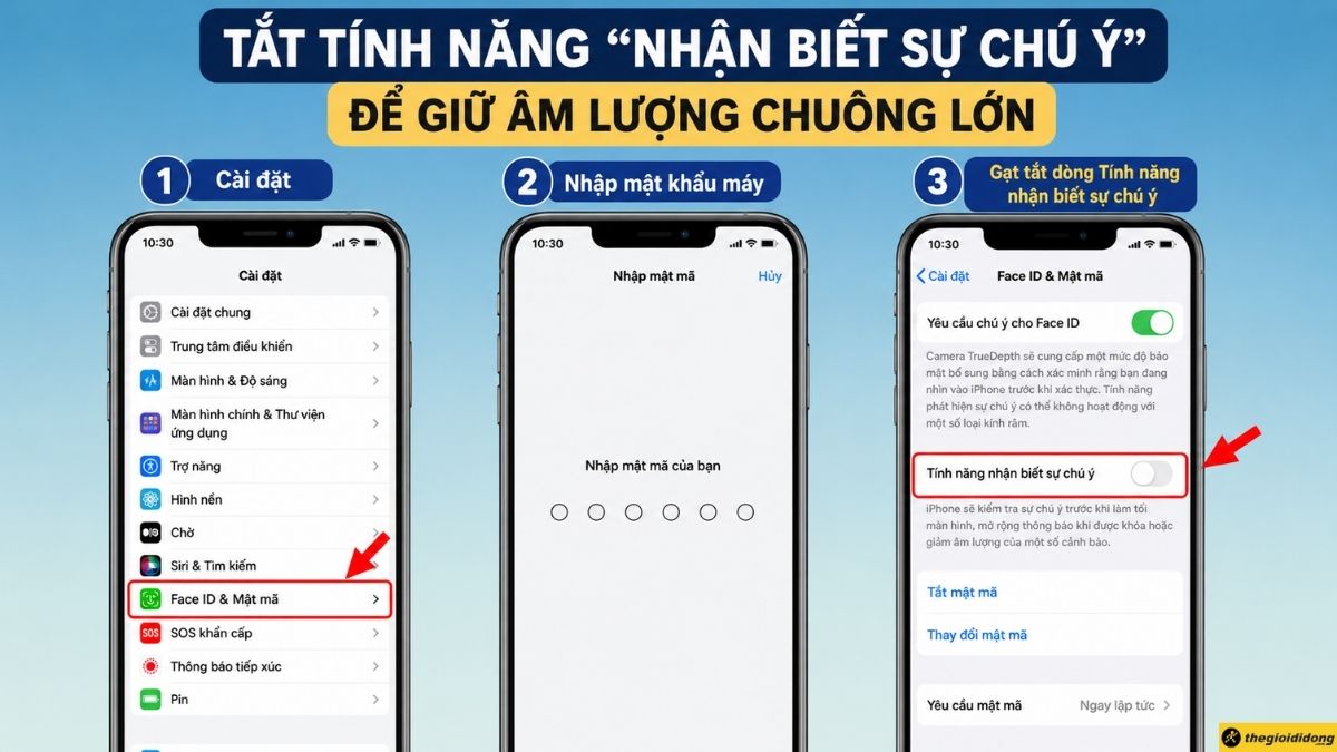 Tắt tính năng "Nhận biết sự chú ý" để giữ âm lượng chuông lớn Tắt tính năng "Nhận biết sự chú ý" để giữ âm lượng chuông lớn