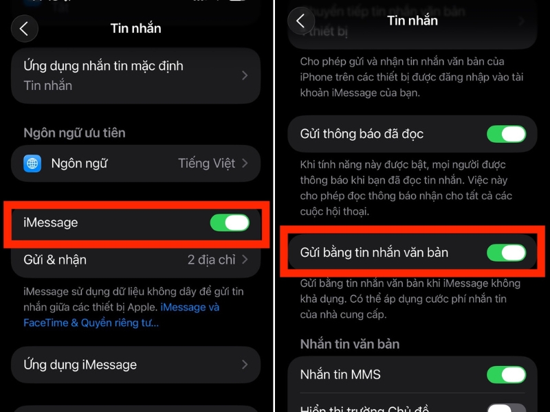 Gạt công tắc iMessage sang Bật Gạt công tắc iMessage sang Bật