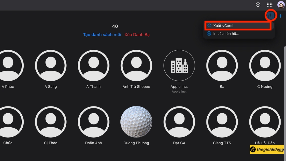 Chọn Xuất vCard Chọn Xuất vCard