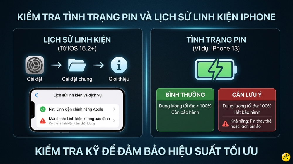 Kiểm tra t&igrave;nh trạng Pin v&agrave; lịch sử linh kiện