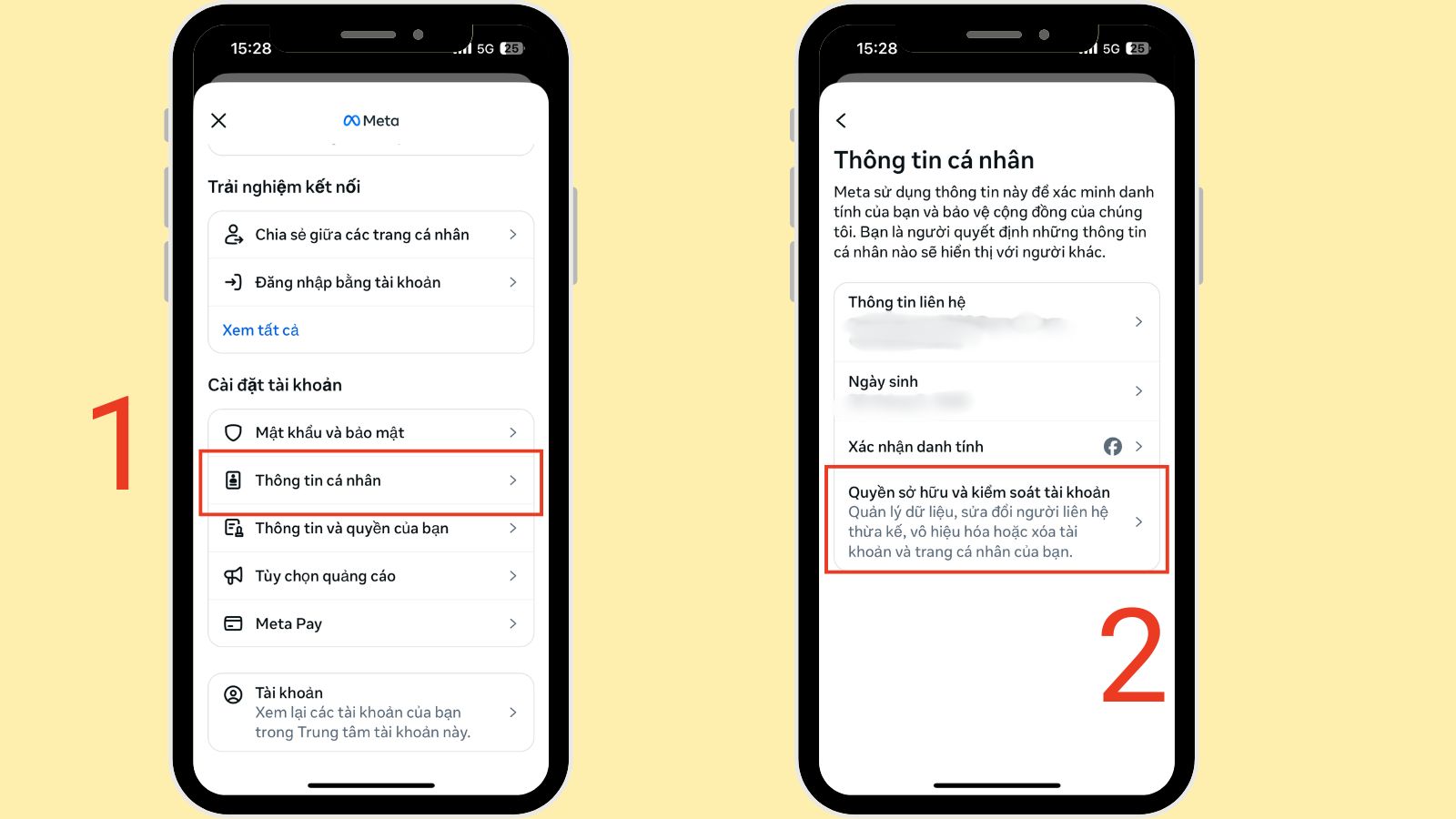 Chọn Xem thông tin cá nhân > Nhấn chọn Quyền sở hữu và kiểm soát tài khoản Chọn Xem thông tin cá nhân > Nhấn chọn Quyền sở hữu và kiểm soát tài khoản