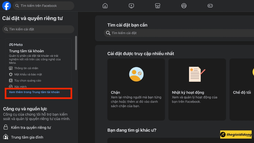 Nhấp vào Xem thêm trong Trung tâm tài khoản Nhấp vào Xem thêm trong Trung tâm tài khoản