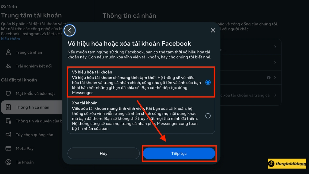 Tích chọn Vô hiệu hóa tài khoản, nhấn Tiếp tục Tích chọn Vô hiệu hóa tài khoản, nhấn Tiếp tục