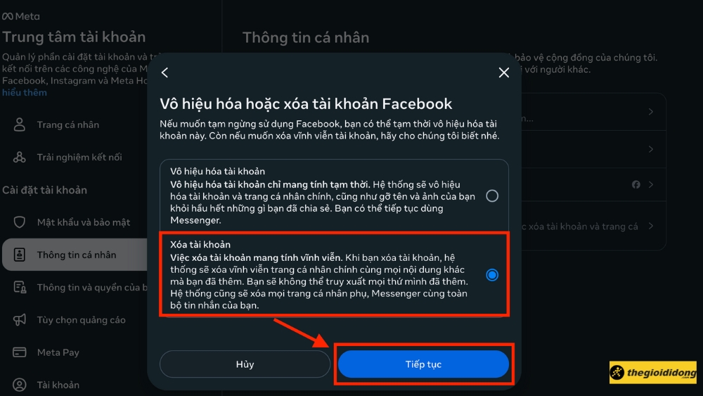 Chọn Xóa tài khoản Chọn Xóa tài khoản