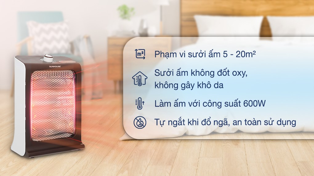 Quạt sưởi hồng ngoại Sunhouse SHD7023 thích hợp sử dụng cho phòng có tối đa 20 m²