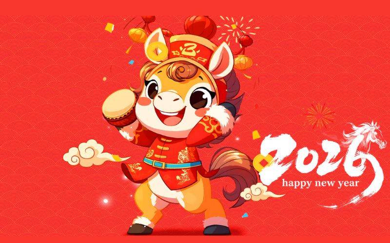 H&igrave;nh nền tết B&iacute;nh Ngọ 2026 ch&uacute; ngựa cute