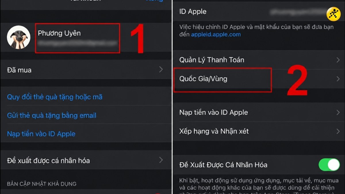 Bấm v&agrave;o t&ecirc;n t&agrave;i khoản > Chọn Quốc gia/V&ugrave;ng