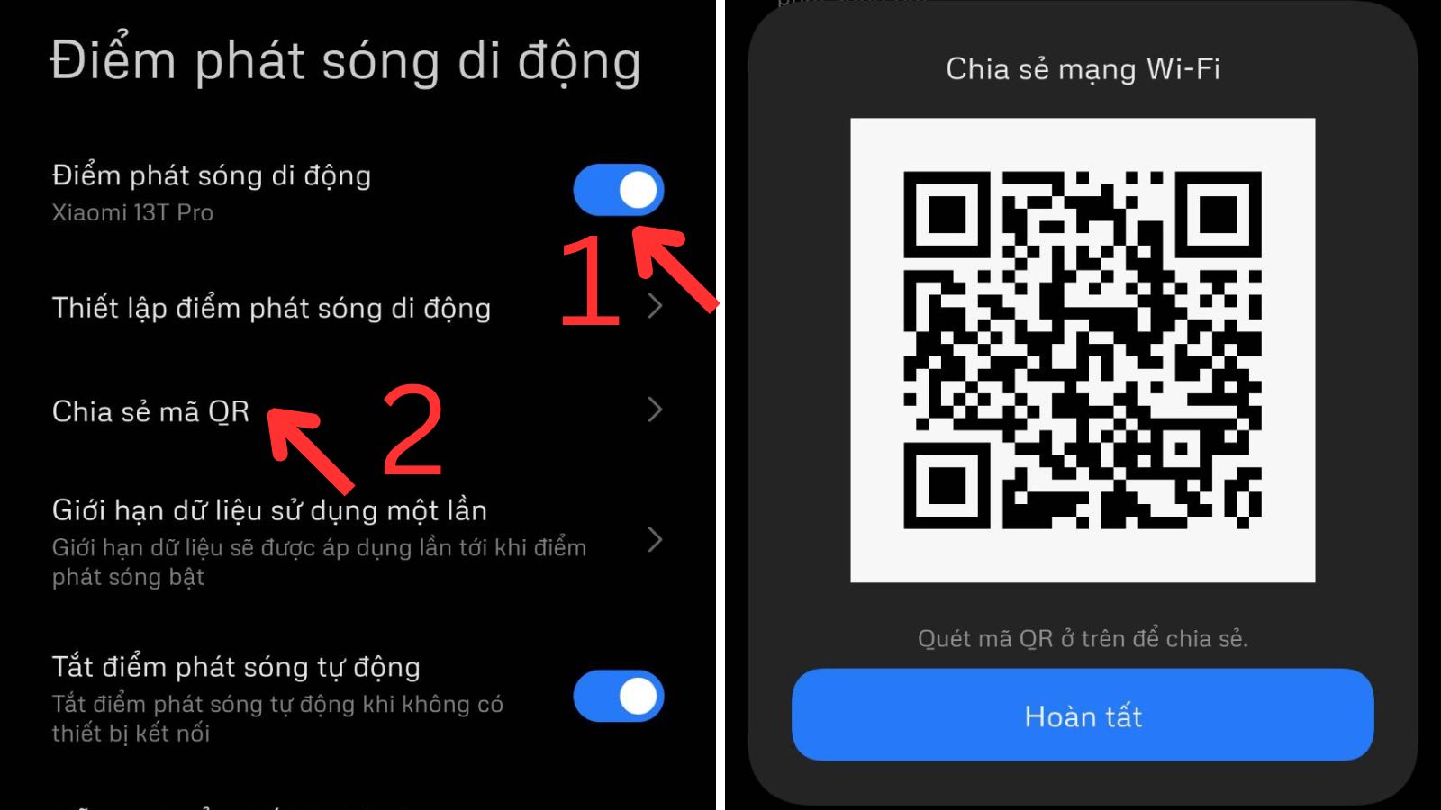 Chạm vào bật Điểm phát sóng di động > Chia sẻ mã QR