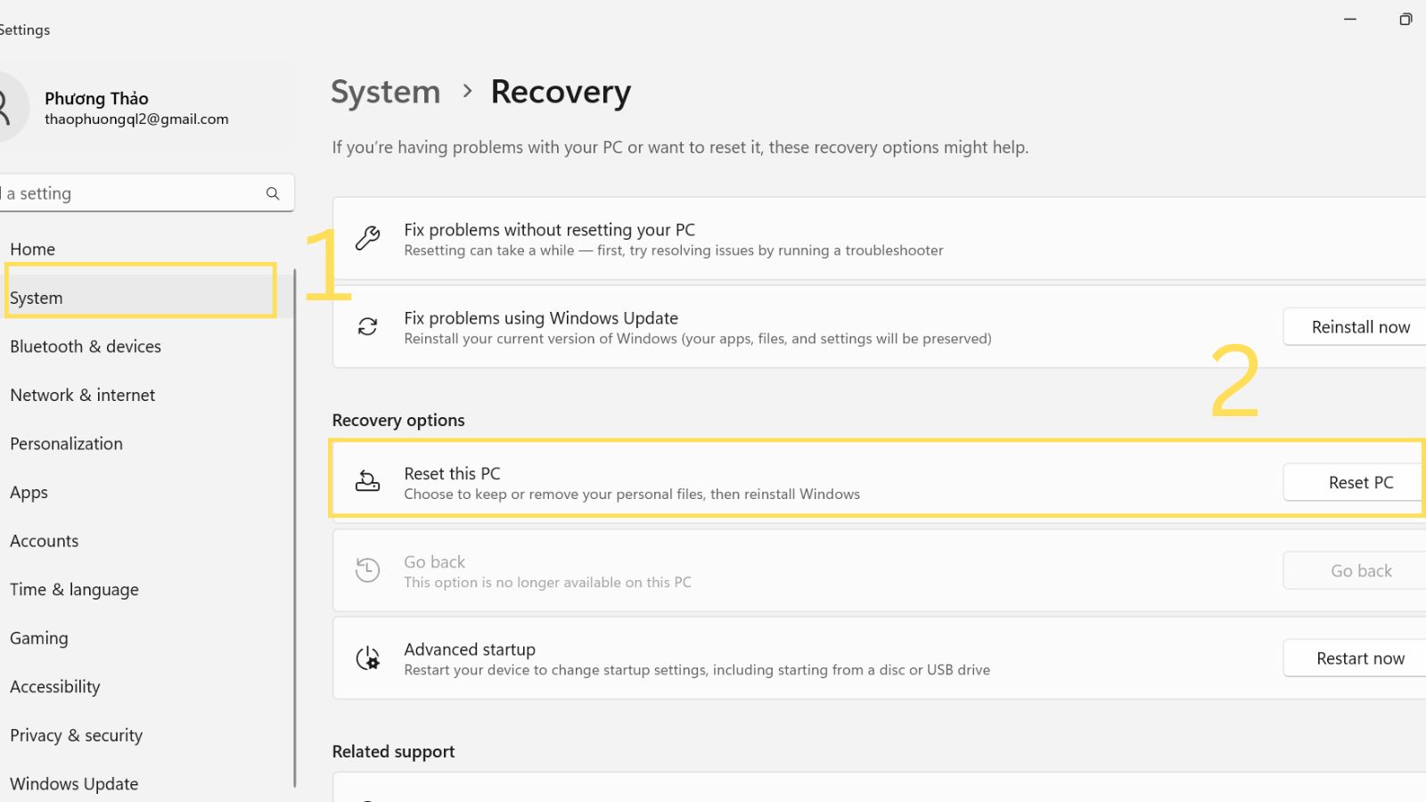 Chọn Reset PC