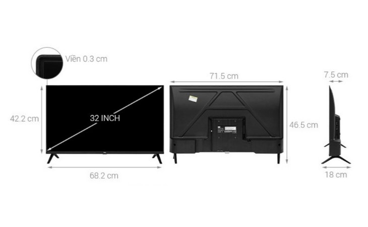 Cách xác định kích thước tivi qua ví dụ Google Tivi QLED TCL AI FHD 32 inch 32S5K