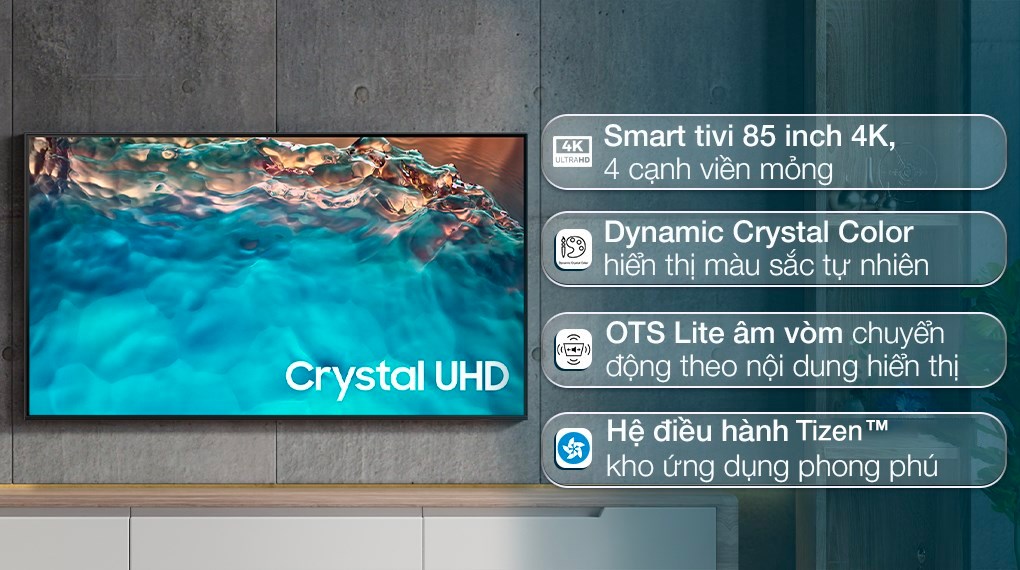 Smart Tivi Crystal UHD Samsung 4K 85 inch UA85BU8000 trang bị bộ xử lý Crystal 4K, nâng cấp chất lượng hình ảnh mượt mà, chân thực