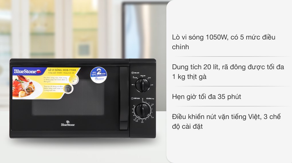 Lò vi sóng BlueStone MOB-7708B 20 lít nấu ăn nhanh chóng, giảm hao phí điện năng tối đa với mức công suất lên đến 1050W