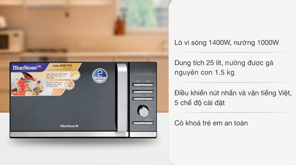 Lò vi sóng có nướng BlueStone MOB-7755 25 lít có mặt trước phủ kính sáng bóng, sang trọng, tăng tính thẩm mỹ cho không gian bếp hiện đại